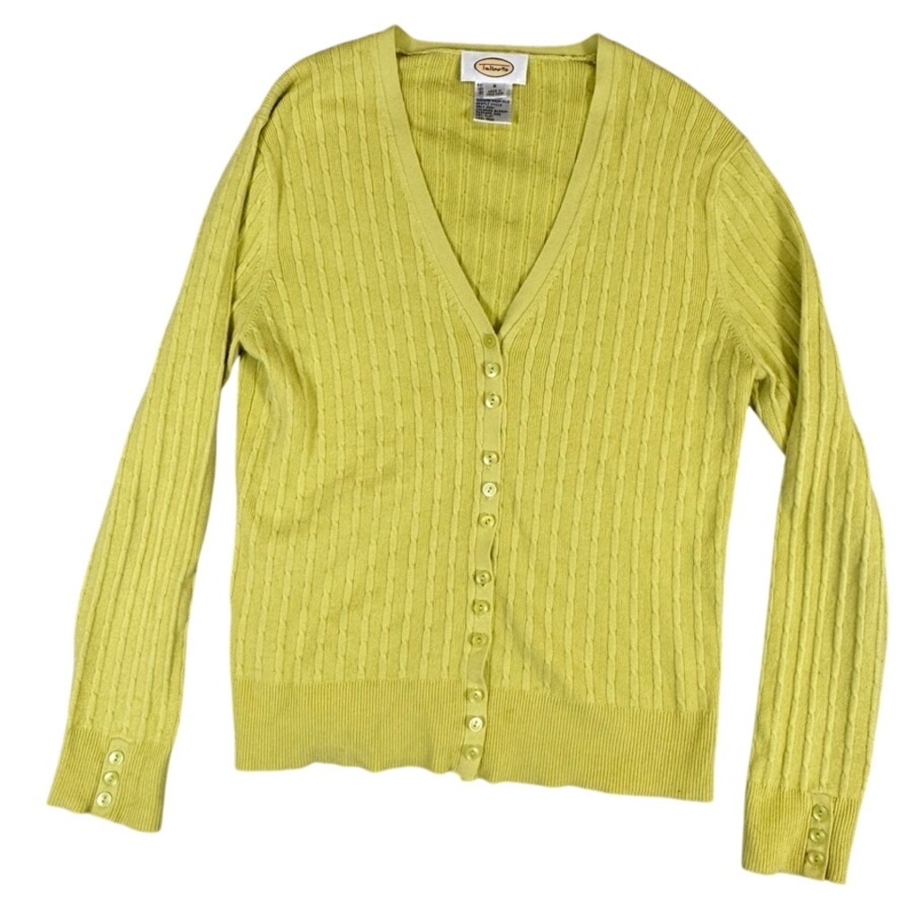 Talbots Womens Small Lime Yellow Cable Knit V-Neck Button Front Cardigan Sweater